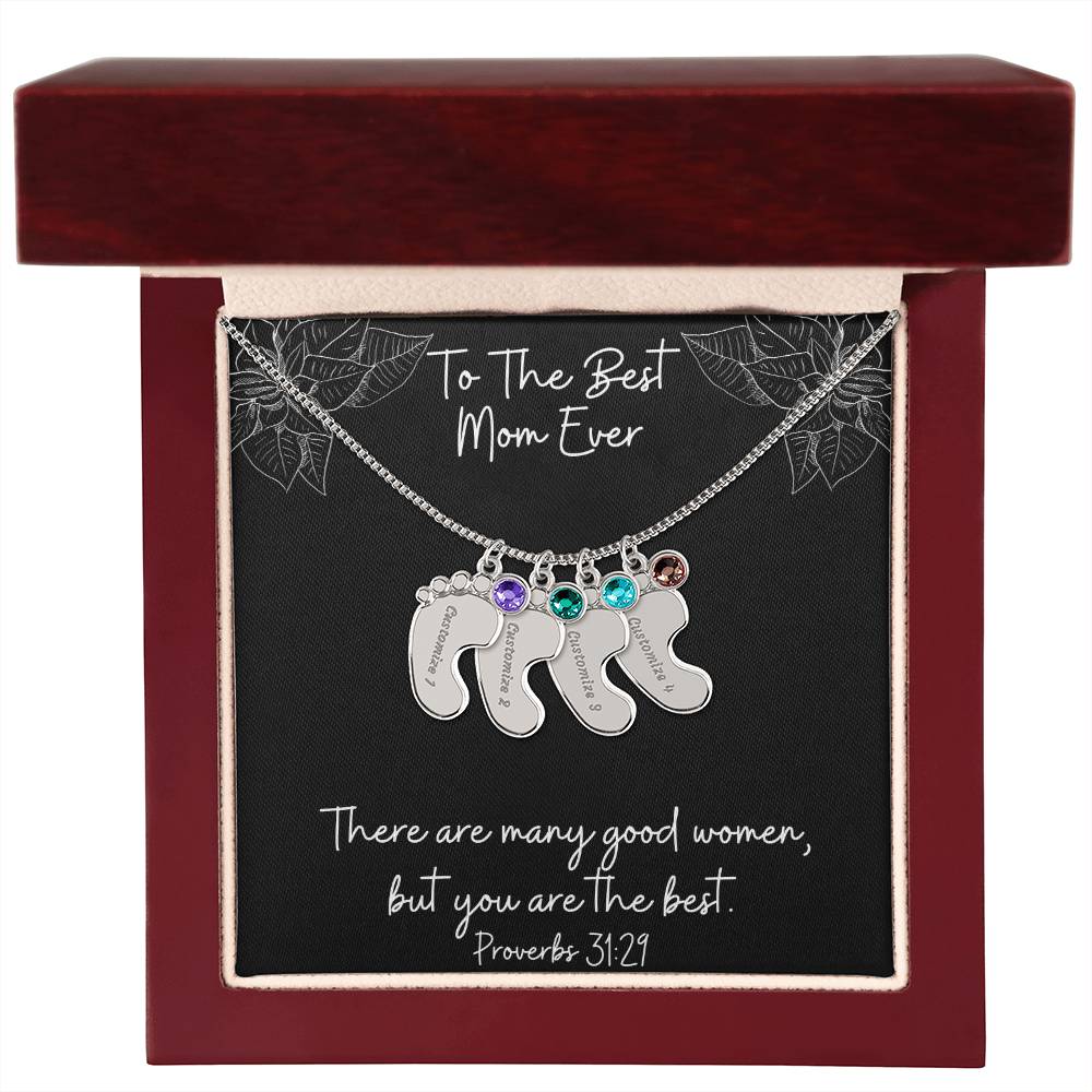 Engraved Baby Feet Necklace with Birthstones