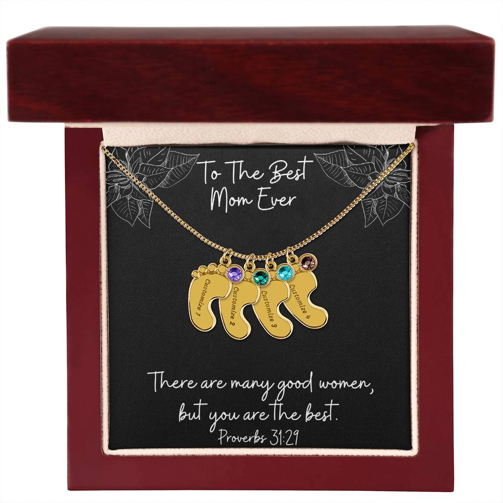 Engraved Baby Feet Necklace with Birthstones