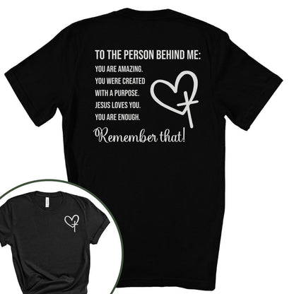 Black Christian shirt for women with front heart-cross symbol and back encouragement text “You are amazing… Jesus loves you… You are enough.”