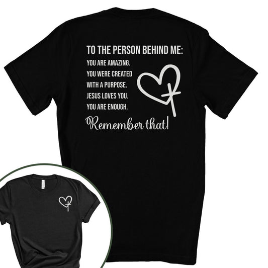 Black Christian shirt for women with front heart-cross symbol and back encouragement text “You are amazing… Jesus loves you… You are enough.”