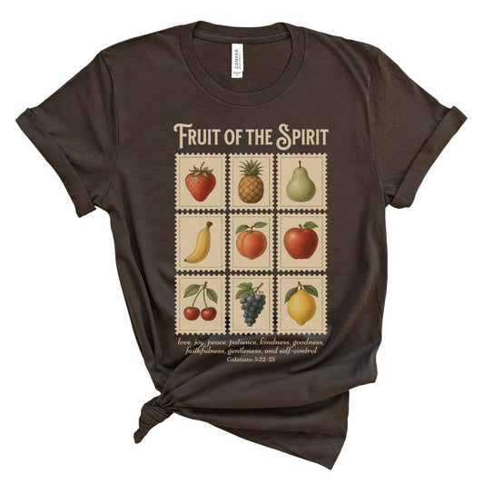 Brown t-shirt with 'Fruit of the Spirit' graphic design featuring vintage postage stamps of fruit