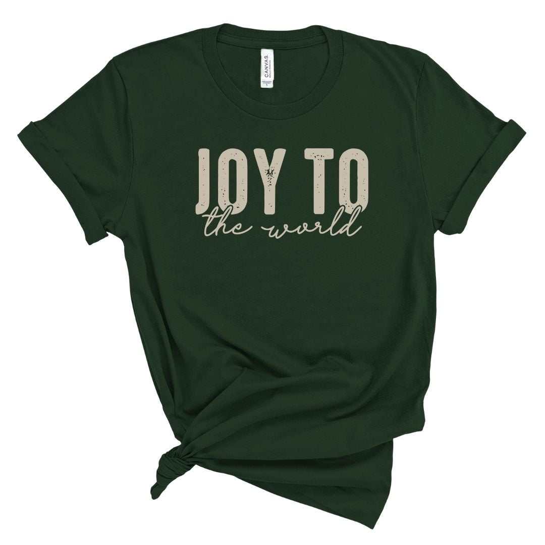 Green t-shirt with 'Joy to the World' text on a white background
