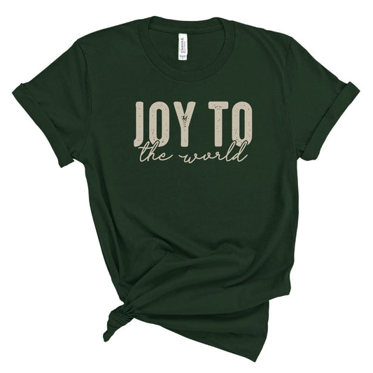 Green t-shirt with 'Joy to the World' text on a white background