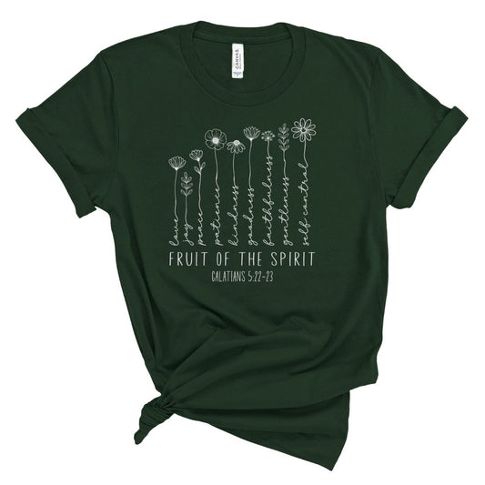 Dark green t-shirt with white floral design and text of the fruits of the spirit 