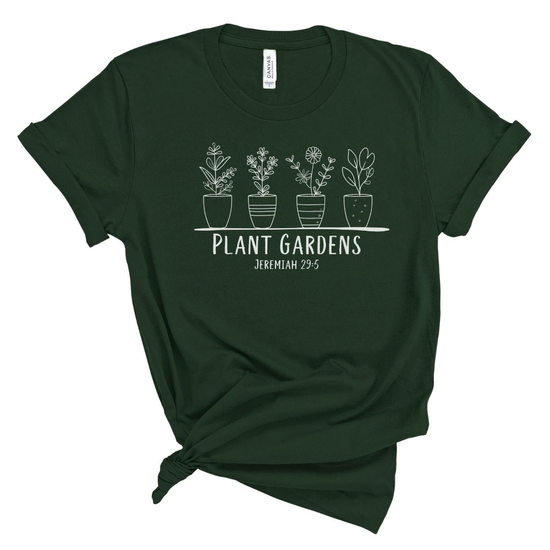 Christian t shirt for women with line art potted plants and the words Plant Gardens Jeremiah 29:5, faith based botanical Bible verse shirt
