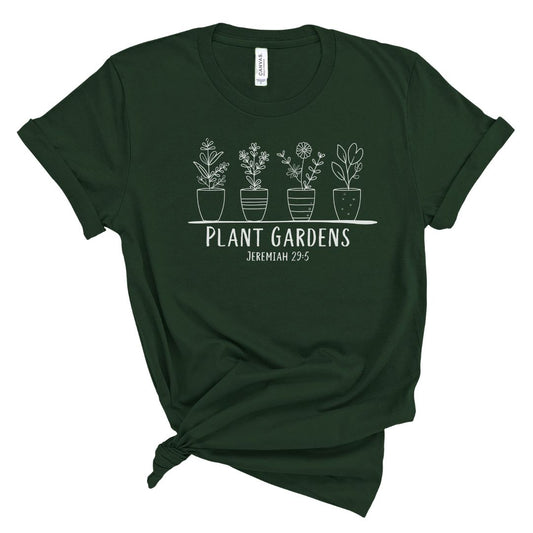 Christian t shirt for women with line art potted plants and the words Plant Gardens Jeremiah 29:5, faith based botanical Bible verse shirt