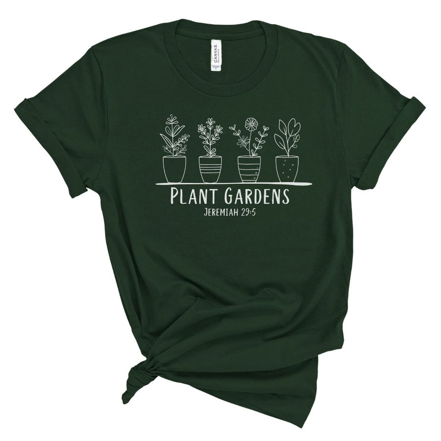 Christian t shirt for women with line art potted plants and the words Plant Gardens Jeremiah 29:5, faith based botanical Bible verse shirt