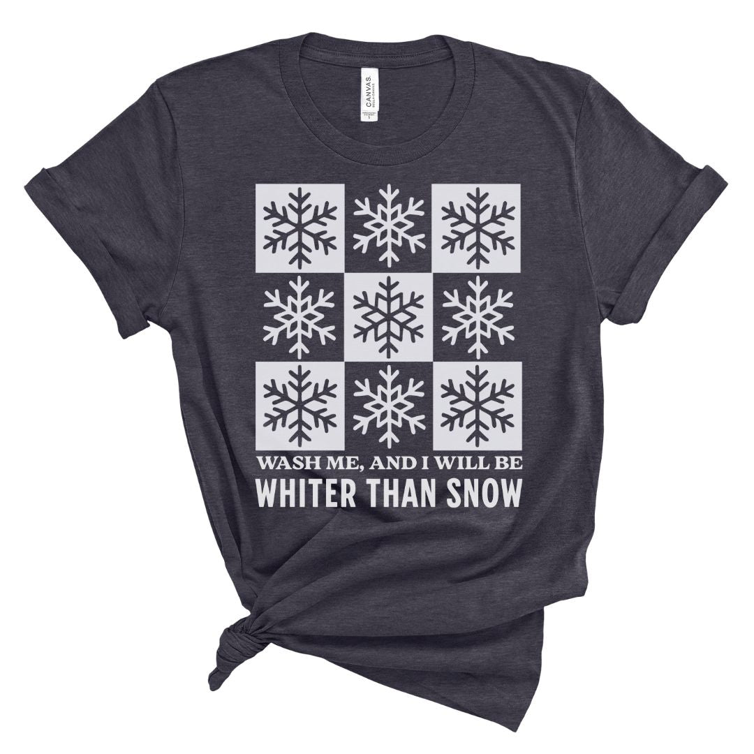 Christian t-shirt for women with white snowflake pattern and text on a white background and psalm 51
