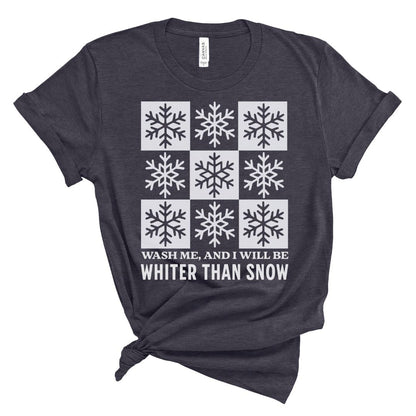 Christian t-shirt for women with white snowflake pattern and text on a white background and psalm 51