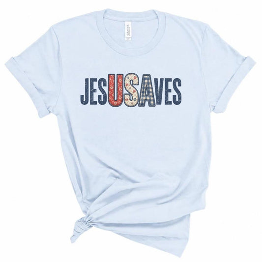 Christian t shirt with faux embroidered style Jesus Saves text in red white and blue patchwork design, patriotic faith tee.