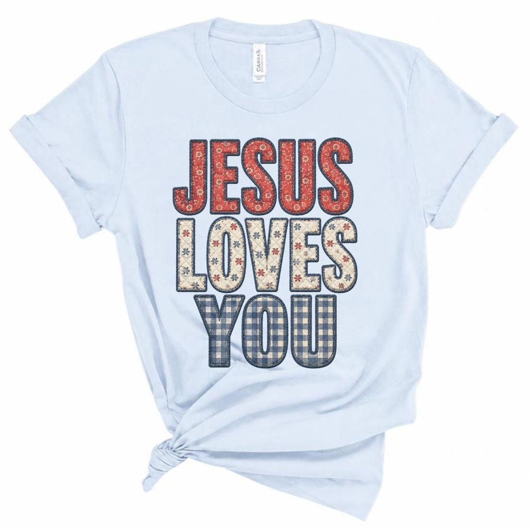 Jesus Loves You Faux Embroidery Tee