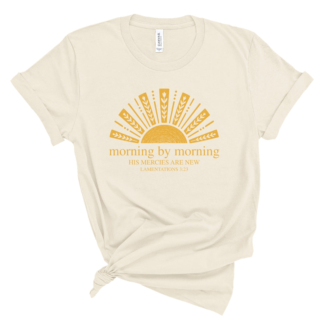 A Christian sunrise tee inspired by Lamentations 3:23. A reminder of God’s new mercies for mornings that need a fresh start.
