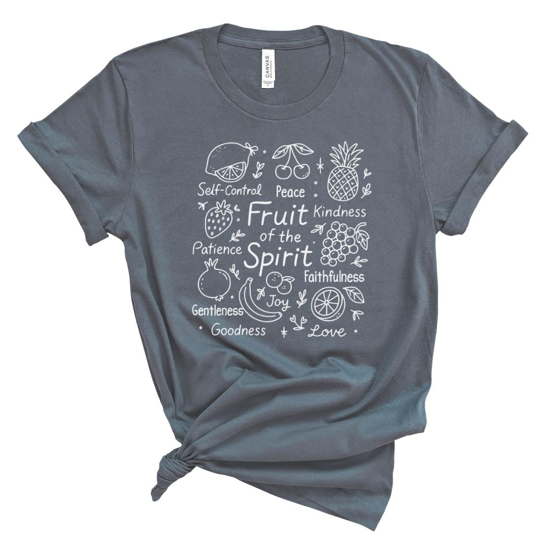Gray t-shirt with white graphic design chalkboard sketch of the fruits of the spirit