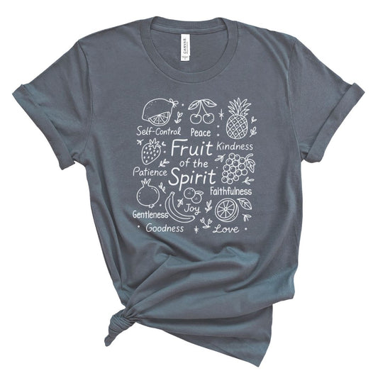 Gray t-shirt with white graphic design chalkboard sketch of the fruits of the spirit