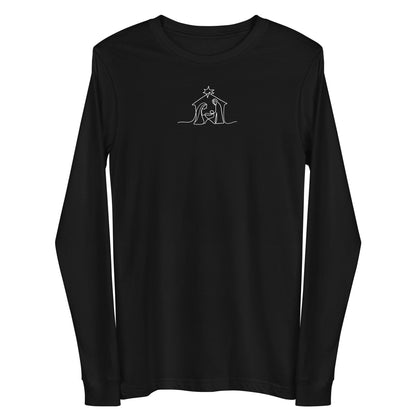 Simple line drawing of  a nativity scene on a black long sleeve tshrit