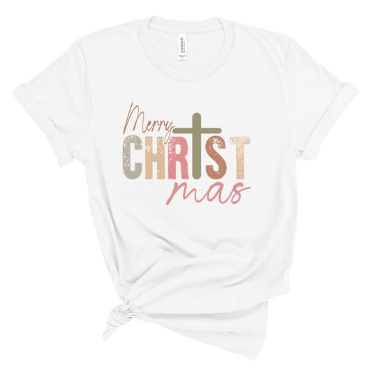 White t-shirt with 'Merry Christmas' text and cross design on a white background