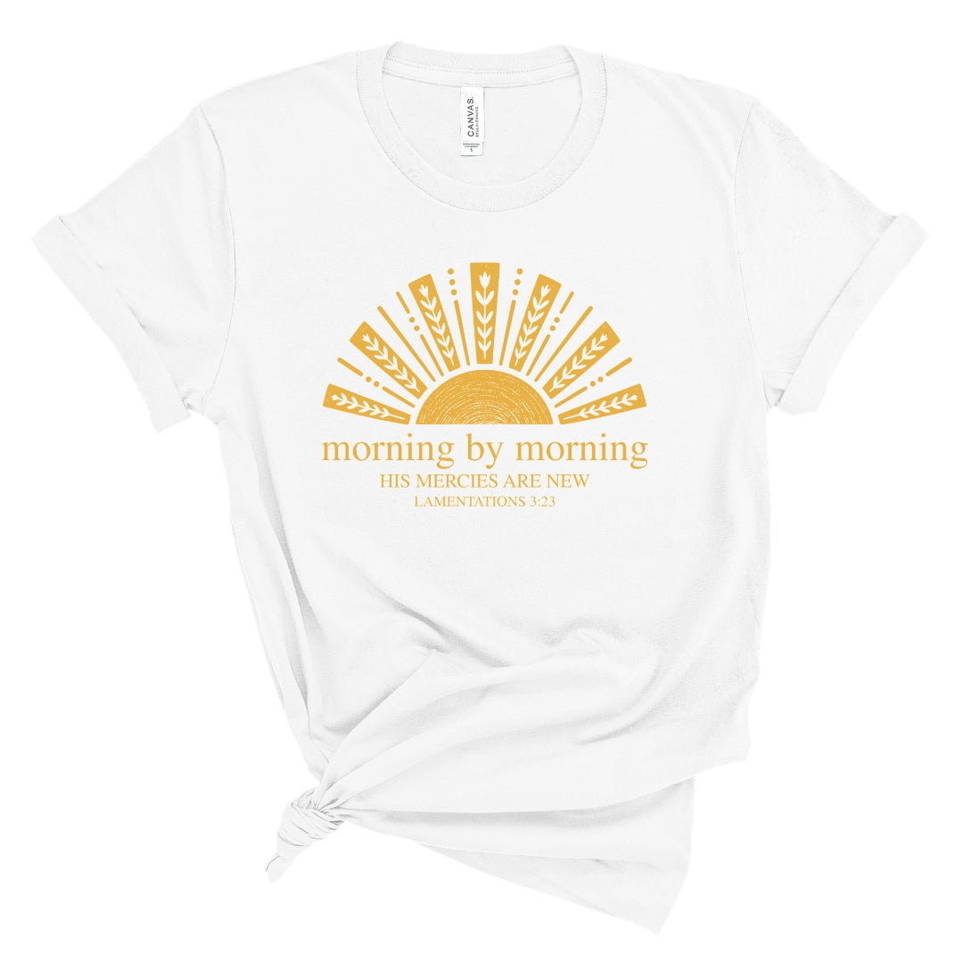 A Christian sunrise tee inspired by Lamentations 3:23. A reminder of God’s new mercies for mornings that need a fresh start.