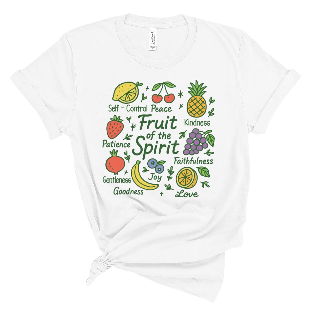 White t-shirt with colorful fruit of the spirit graphics and text on a white background