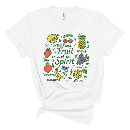 White t-shirt with colorful fruit of the spirit graphics and text on a white background