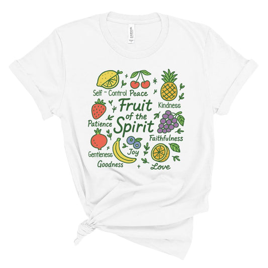 White t-shirt with colorful fruit of the spirit graphics and text on a white background